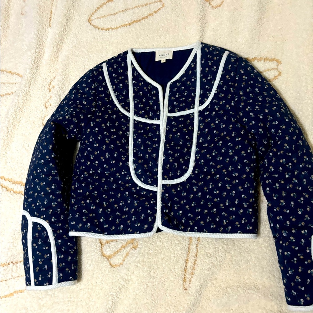 🌼Sezane ESBEN JACKET in Marine Floral Navy Jacket with White Trim - Picture 4 of 9